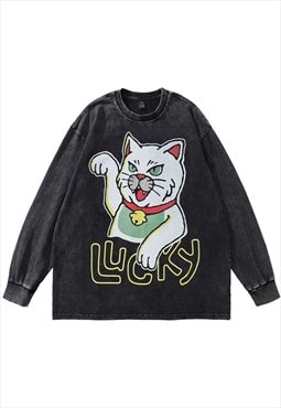 Maneki-neko t-shirt vintage wash top cat print long tee grey