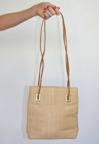 VINTAGE BROWN & BEIGE WICKER SHOULDER STRAP BAG