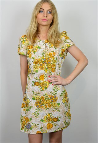 VINTAGE 70S WHITE BROWN & YELLOW FLORAL MINI DRESS