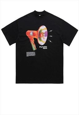 Horn print t-shirt grunge tee retro raver top in black