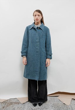 Vintage 60s Classic Blue Wool Bell Shape Maxi Coat Women L