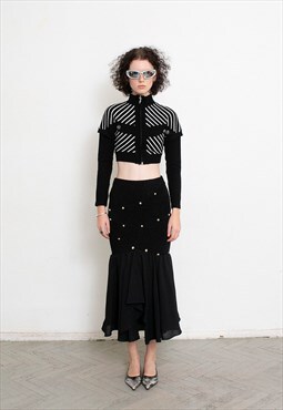 Vintage 90s High Waisted Midi Skirt in Black