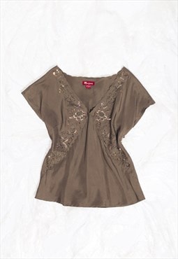 Vintage Y2K Whimsigoth Silk Top in Khaki