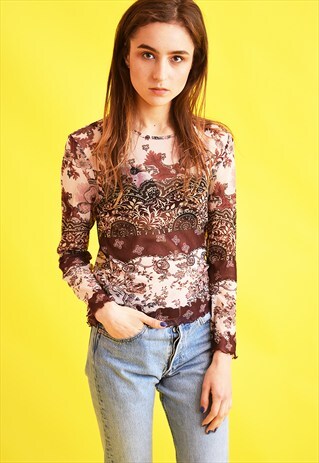 90'S RETRO KITSCH ORIENTAL PRINT MESH TEEN PARTY TOP