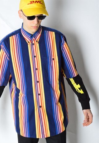 VINTAGE 90S COLOURFUL STRIPED SHORT SLEEVE SHIRT