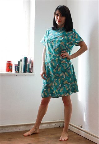 VINTAGE TURQUOISE FEATHER PRINT DRESS