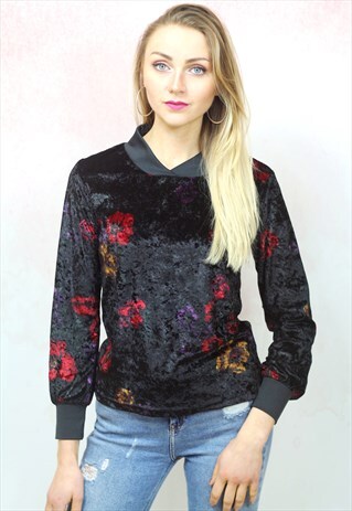 1990S VINTAGE BLACK FLORAL PRINT VELVETEEN LONG SLEEVE TOP