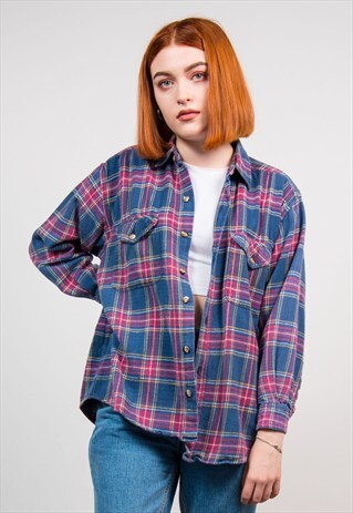 VINTAGE 90'S CHECK PATTERN BOYFRIEND FLANNEL SHIRT