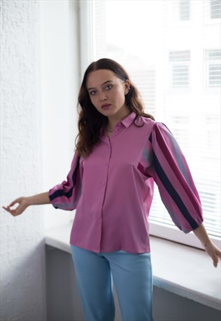 VINTAGE 80'S PINK STRIPED SLEEVES BLOUSE