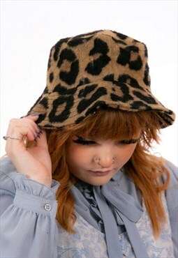 Leopard Print Faux Fur Feel Bucket Hat