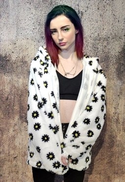 Daisy fleece hoodie thin fluffy floral bright jacket white