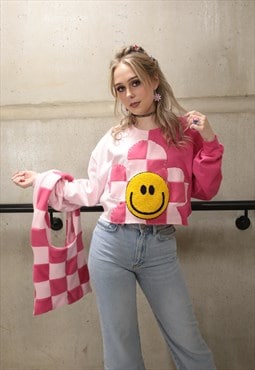 Y2K Pink Checkerboard Flower Smiley Face Cropped Sweater