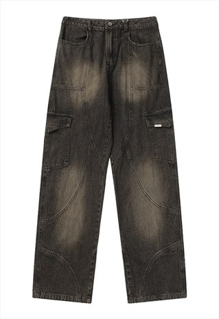 Cargo pocket jeans utility wide denim pants in bleached grey