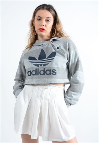 VINTAGE ADIDAS CROPPED HOODIE WITH SPELL OUT LOGO IN GREY