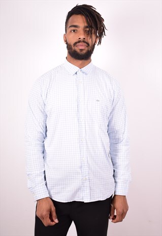 LACOSTE MENS VINTAGE SHIRT MEDIUM BLUE CHECK 90S