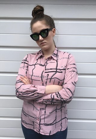 WOMENS VINTAGE 80S 90S BLOUSE PINK PATTERNED SHIRT TOP