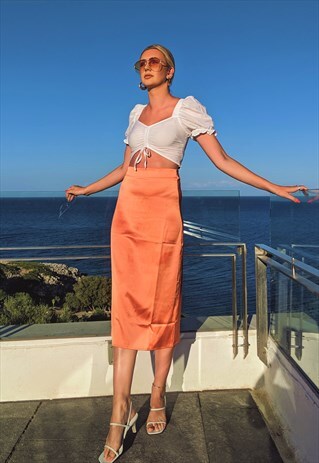 HIGH WAIST SATIN SLIP MIDI SKIRT- ORANGE