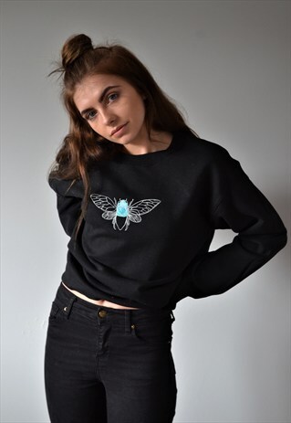 EMBROIDERED TURQUOISE/BLUE MOTH BUG BLACK SWEATER