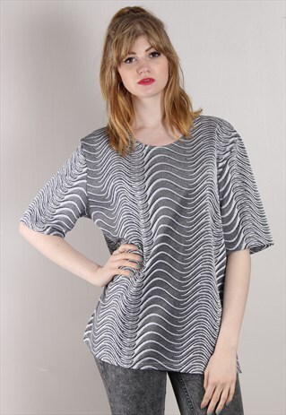 VINTAGE 80S METALLIC SILVER GREY PATTERN OVERSIZE TOP