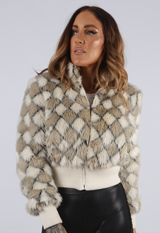 VINTAGE FAUX FUR BOMBER JACKET SHORT UK 6 XXS (J3R)
