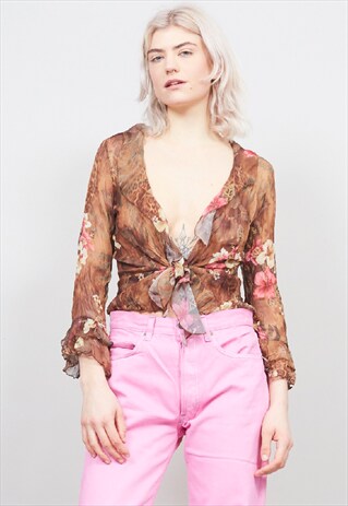 VINTAGE 90'S BROWN FLORAL PRINT RUFFLE BLOUSE