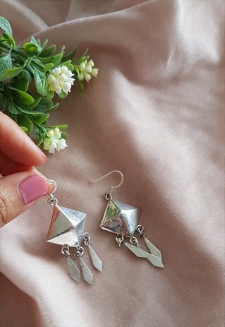 VINTAGE STERLING SILVER PYRAMID CHANDELIER EARRINGS