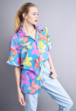 90'S HIPPIE FLORAL PRINT PSYCHEDELIC OVERSIZED SHIRT TOP
