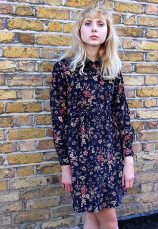 VINTAGE 90S NAVY FLORAL CORDUROY MINI DRESS