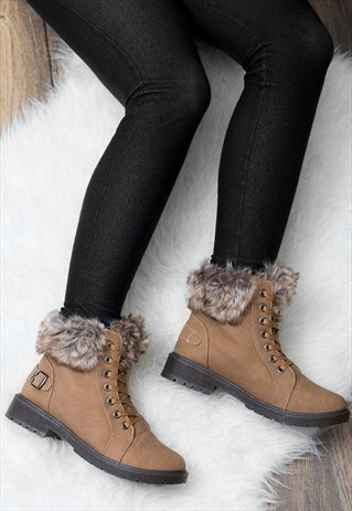 FUFFA LACE UP FLAT FUR STYLE ANKLE BOOTS - CAMEL