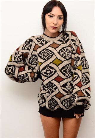VINTAGE 90'S GRUNGE INDIE PATTERNED SLOUCHY JUMPER