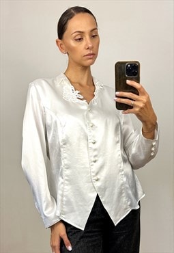 Vintage White Silky Embroidered Blouse, White Satin Top