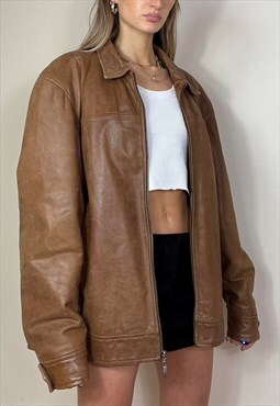 Vintage Y2K 90's Leather Jacket Zipped Biker Grunge Brown