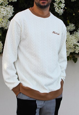 HANDMADE CABLE STITCH SWEAT IN WHITE WITH EMBROIDERED LOGO