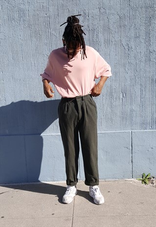 90S HERITAGE MINIMALIST GREEN WOOL PLEATED CROPPED TROUSERS