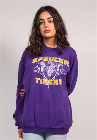 VINTAGE 90'S PURPLE SPENCER TIGERS SPORTS SWEATSHIRT JUMPER