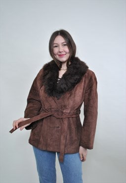 Brown leather overcoat, suede penny lane coat MEDIUM size 