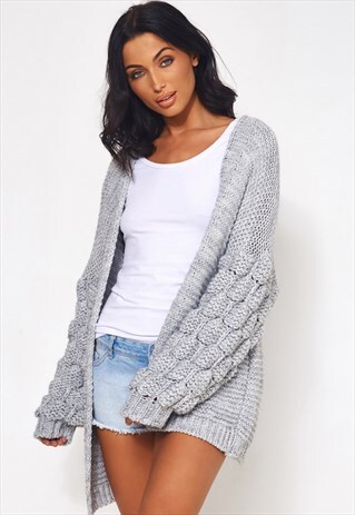 ALESSA POM BOBBLE SLEEVE GREY CARDIGAN