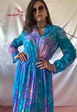 VINTAGE 90S PLEATED MIDI DRESS WITH FLORAL PRINT