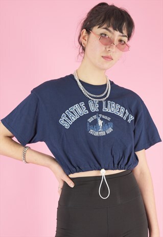 VINTAGE REWORKED CROP TOP IN NAVY W STATUE OF LIBERTY PRINT
