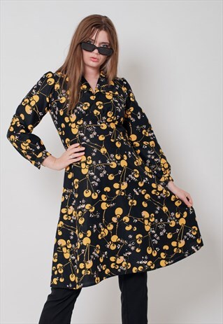 VINTAGE 70S LONG SLEEVE ABSTRACT FLORAL PRINTED MIDI DRESS M