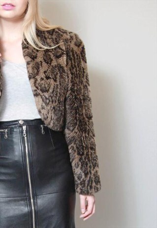 VINTAGE 1980'S LEOPARD PRINT FAUX FUR CROPPED JACKET