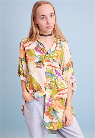 90'S RETRO ABSTRACT PRINT OVERSIZED SHIRT BLOUSE TOP
