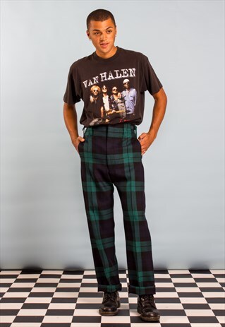70S VINTAGE TARTAN WIDE LEG UNISEX TROUSERS TURN UPS BAGGY