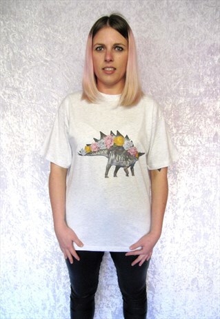 DINOSAUR STEGOSAURUS ROSES GREY T-SHIRT