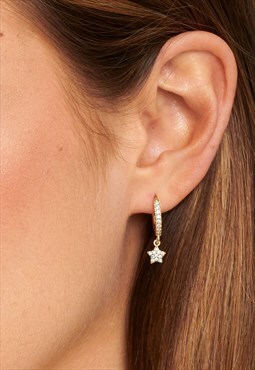 Women's Small Hoop Earrings With Star Charms - Gold