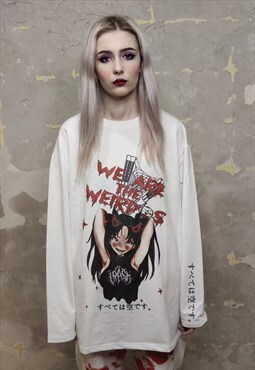 Anime print sweatshirt weird slogan Gothic thin top in white