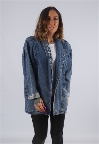 VINTAGE DENIM BLAZER JACKET ACID WASH LONGLINE UK 14 (EKBF)