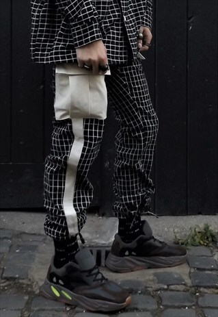 SLIM FIT CALF ADJUSTABLE PLAID CHECK CARGO JOGGER PANTS