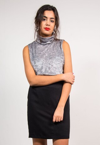VINTAGE 90'S GREY ROLL NECK SLEEVELESS VELVET TOP