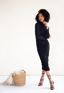 Black recycled ruched midi dress